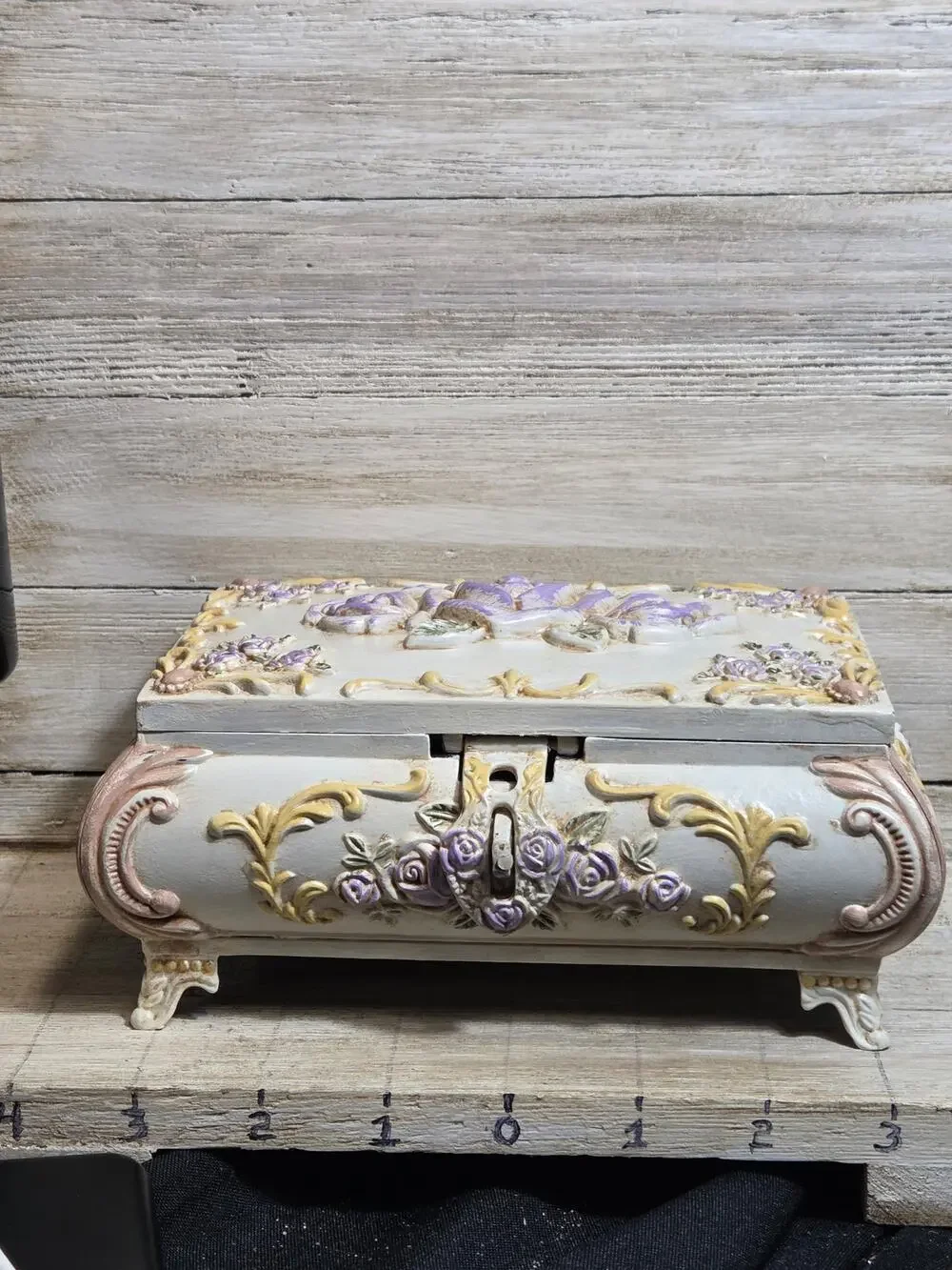 Metal Jewelry Box Vintage Purple Rose Victorian Style Footed Trinket Box 7